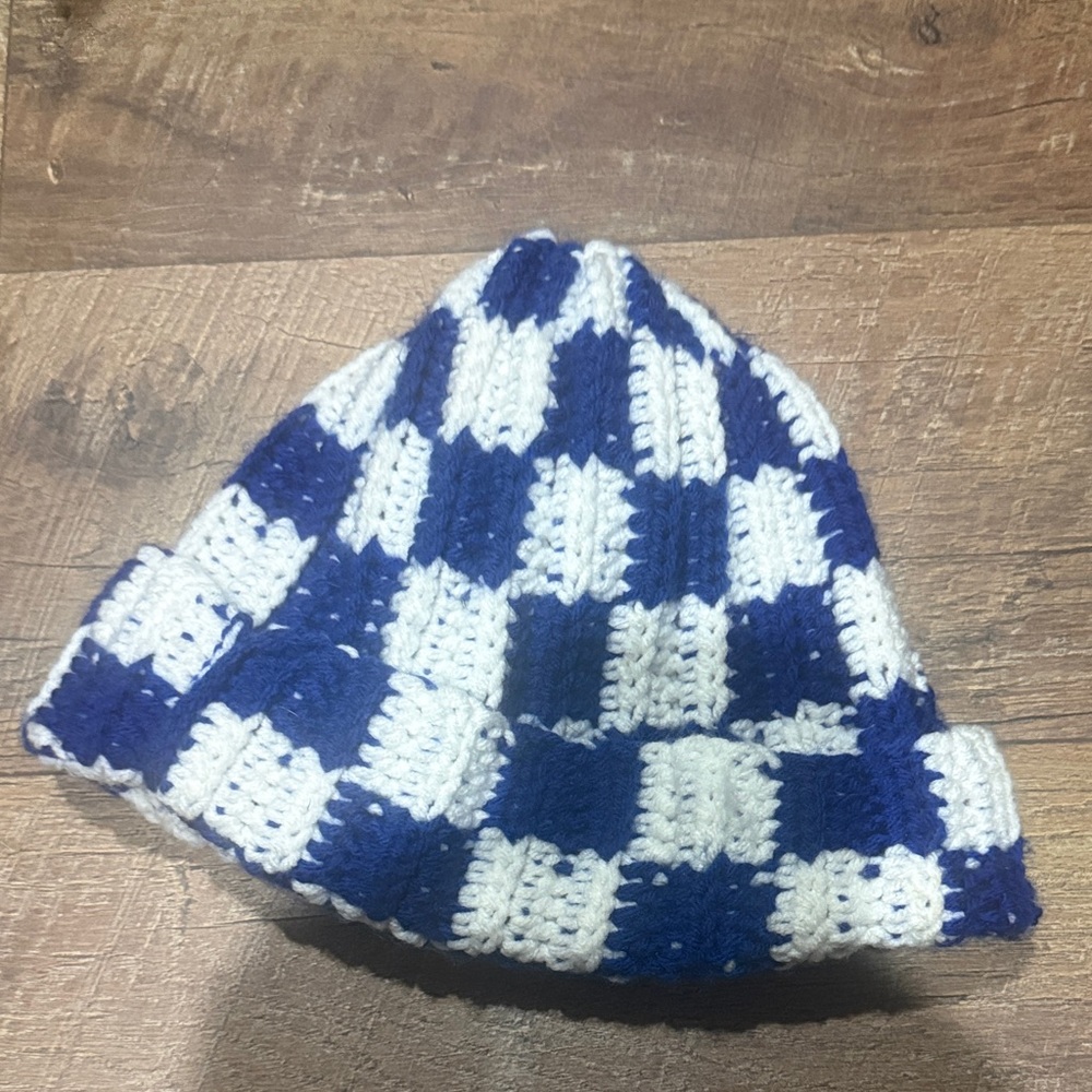 Blue and White Checkered Beanie